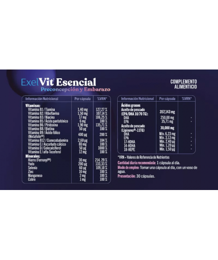 ExelVit Esencial Preconcepción y Embarazo 30 Cápsulas