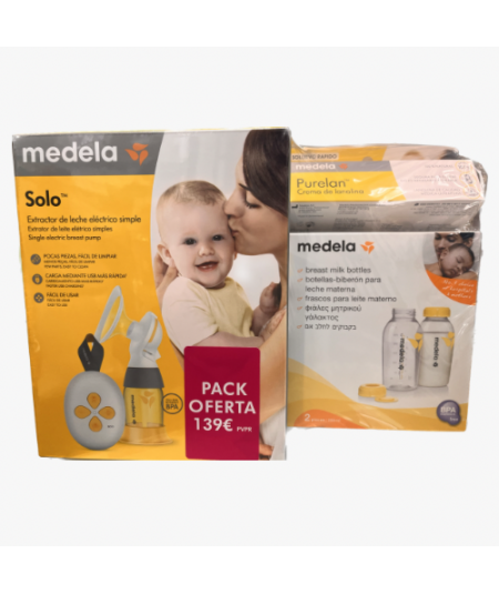 Medela Pack Sacaleches Eléctrico Simple Solo™ + 2 Botellas de  Almacenamiento para Leche Materna + Purelan